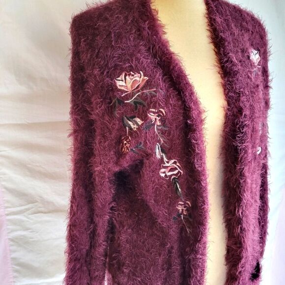 Knox Rose Purple Fuzzy Long Open Front Cardigan with Rose Embroidery Size XS - Picture 1 of 8